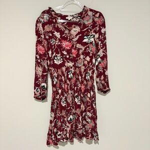 a loves a 3/4 Sleeve Ruffle Elastic Button Shirt Dress Floral Burgundy Red small
